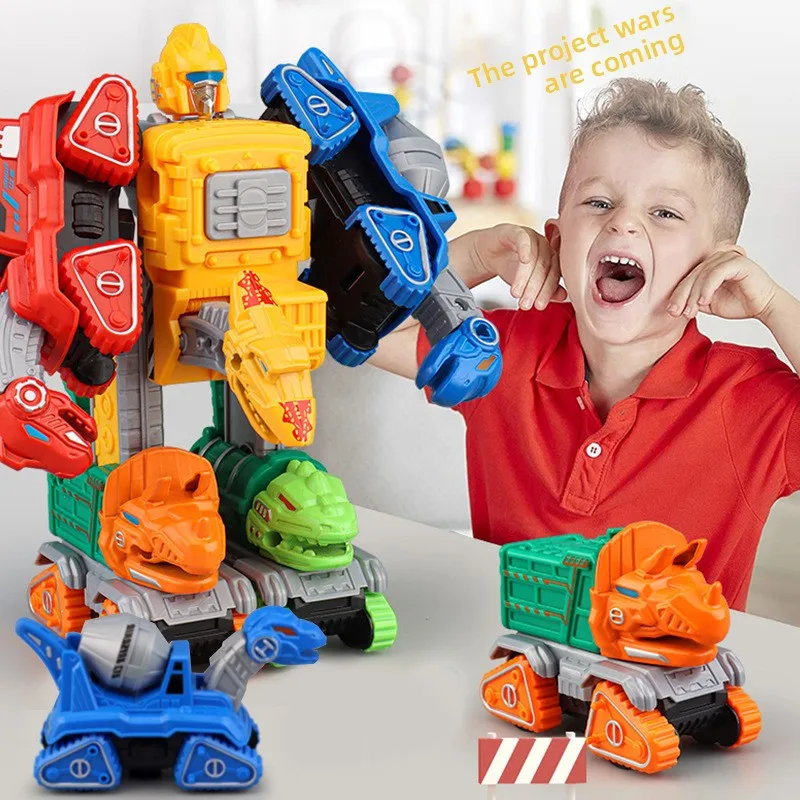 Dinosaur Assembly Deformation 5-in-1 Children's Fire Engineering Vehicle Excavator Bulldozer Boy Educational Toy