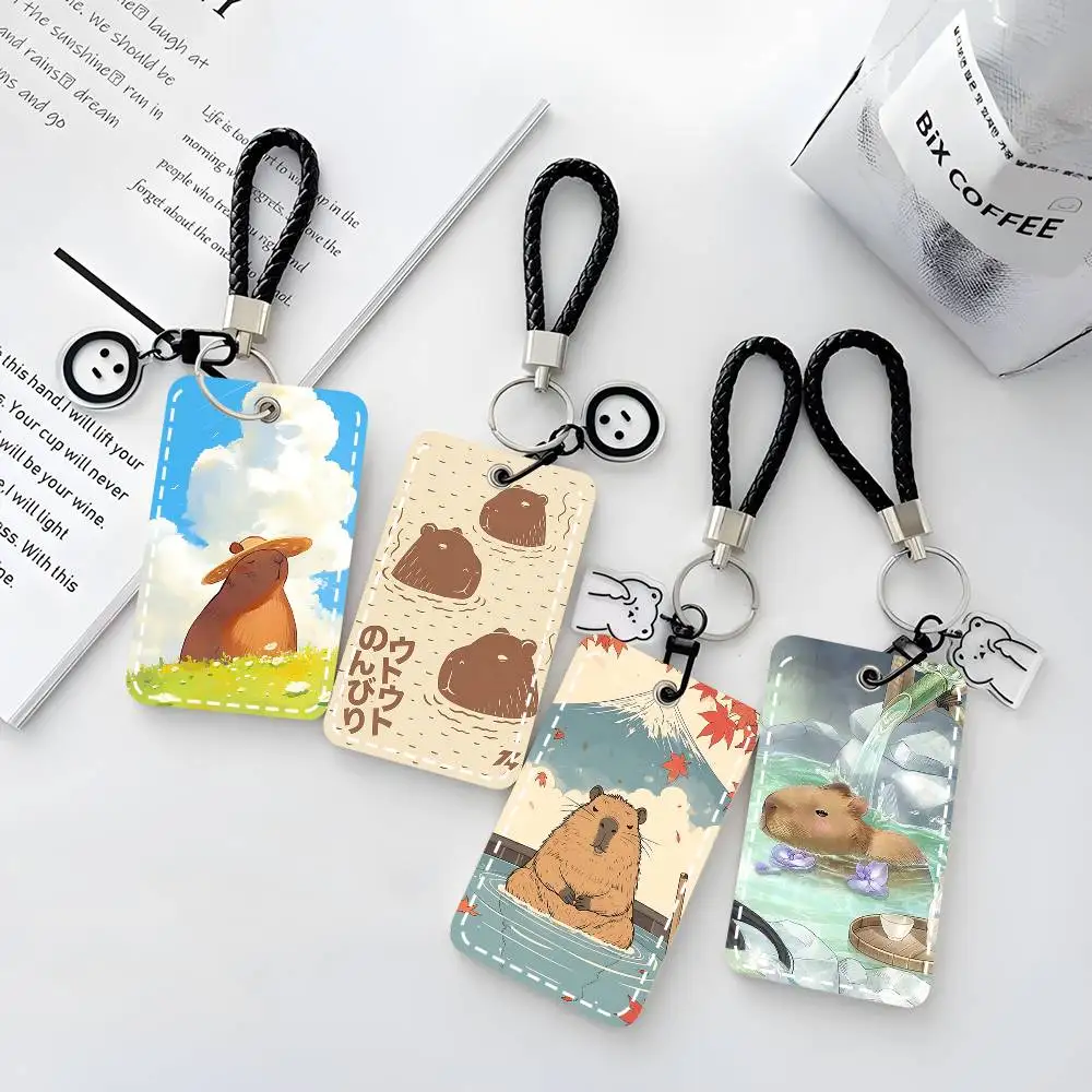 Kawaii Cartoon C-Capybara Card Case Keychain Access Card Bag Key Tag Ring Leather Card Holder Key Ring Access