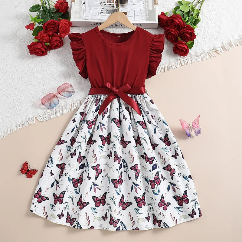 6 8 10 12 Years Teenagers Fashion Girls Dress 2024 Summer New Full Print Butterfly Splicing Party Dress For Kids