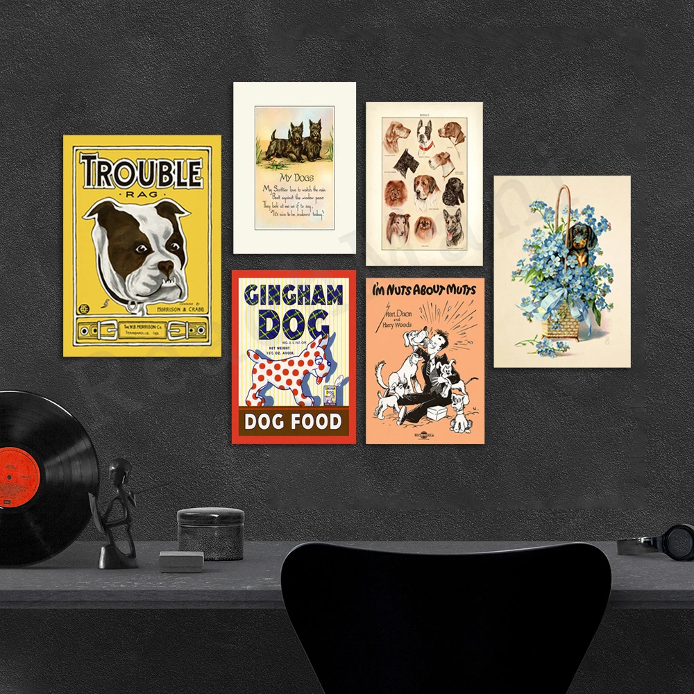 Dog Breed Table, Dachshund Flower Basket, Dog Food Label Spot, Scottish Terrier Poetry Limerick Gift, Bulldog, Dog Sitter Poster