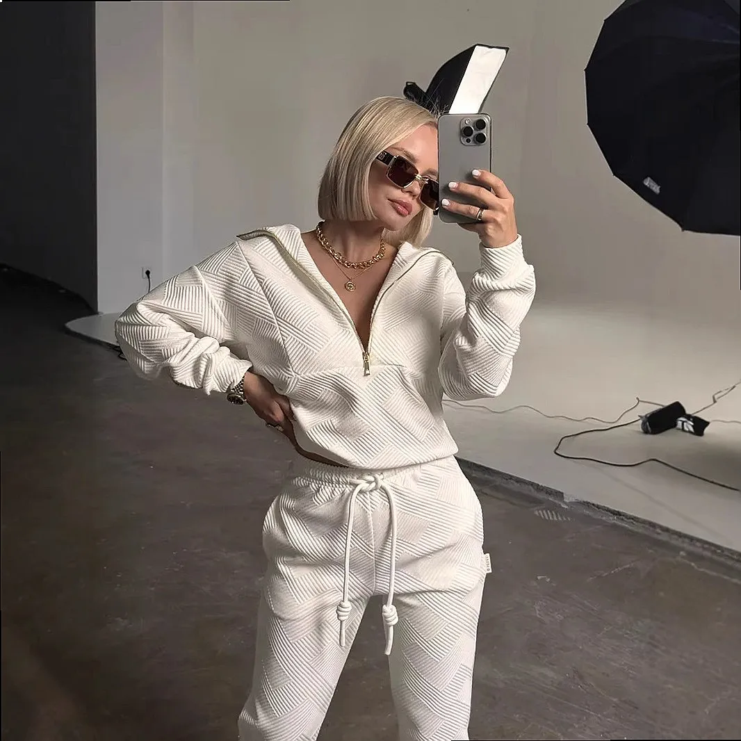 Women's Casual Matching Set Zip Up Loose Blouse Top with Drawstring Pants Jumpsuit Playsuit