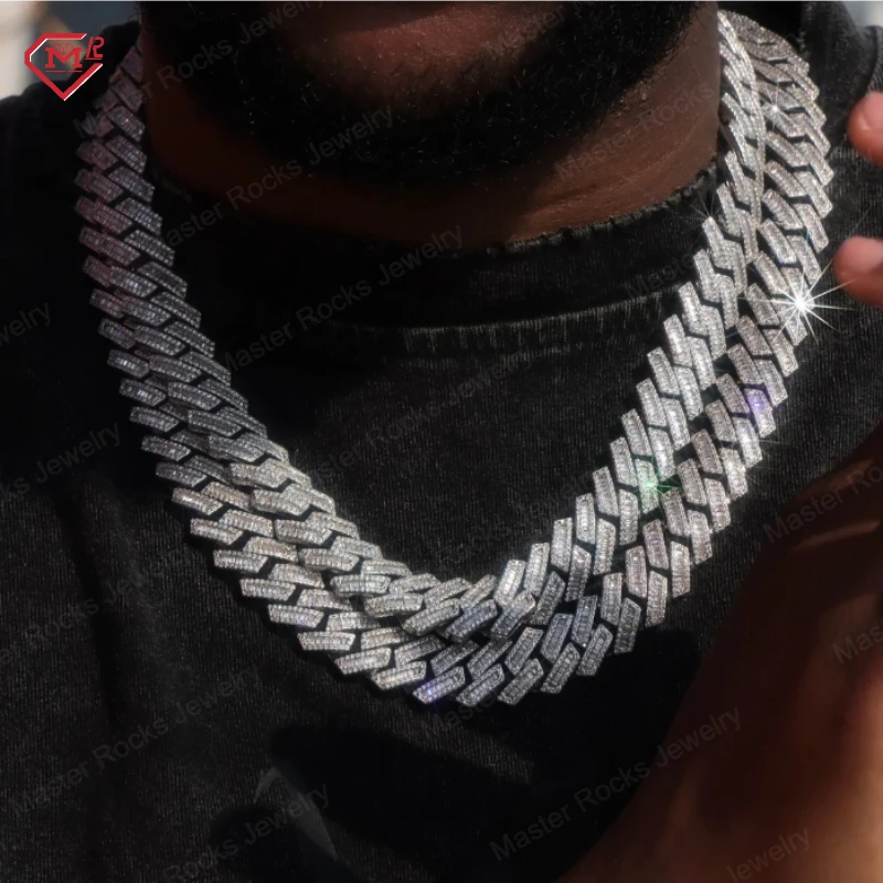 

Hiphop Baguette Chain Link Cuban 15mm 925 Sterling Silver Iced Out VVS Diamond Moissanite Cuban Link Chain