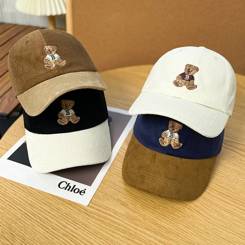 1PC Corduroy Baseball Cap with Embroidered Bear,  Sweat-Wicking, Snapback, Adjustable, Animal Theme, Ideal for Homecoming