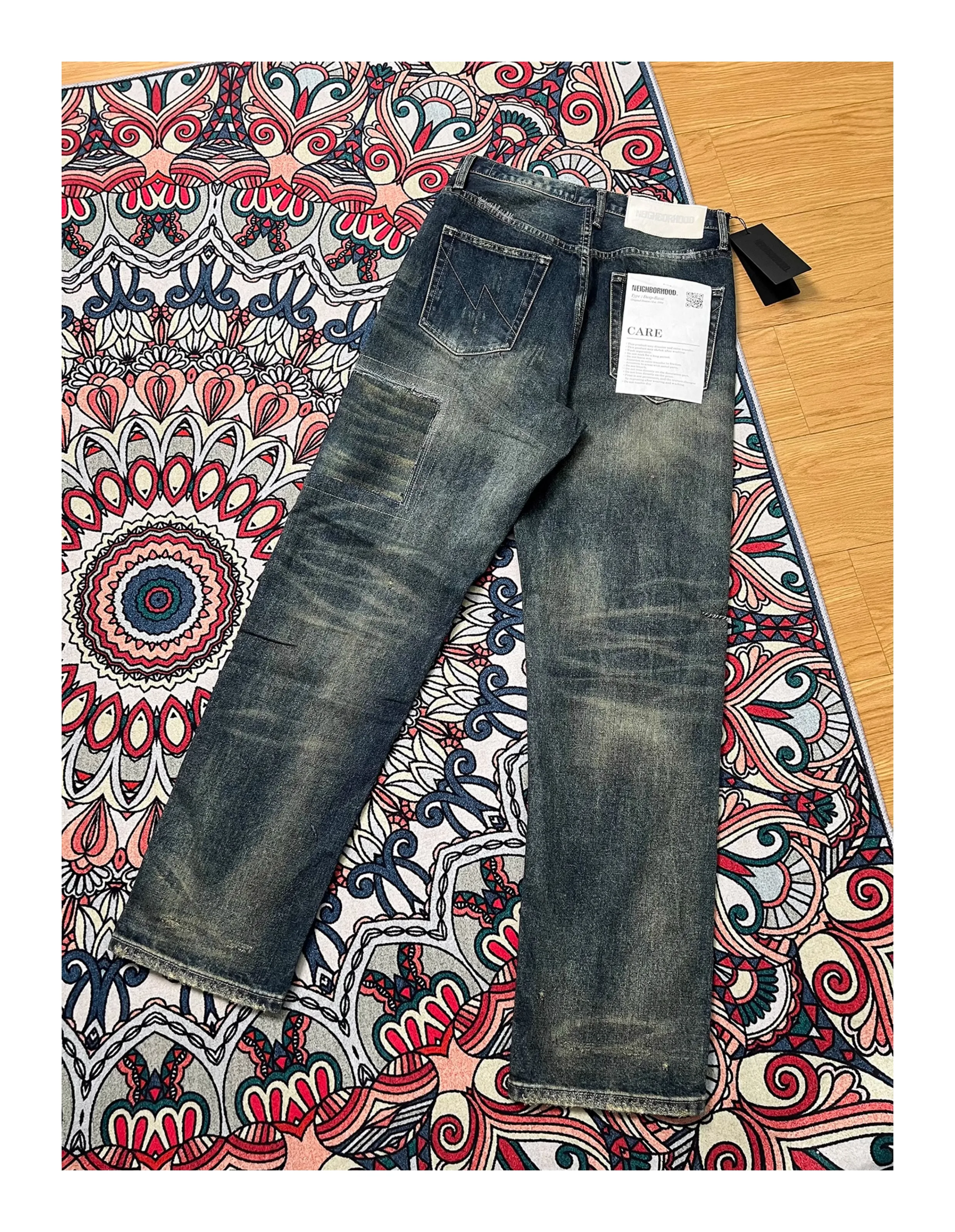 Ready Stock  Jeans Washed Destroyed Old Patch NBHD Men's Women's Denim Trousers Japanese