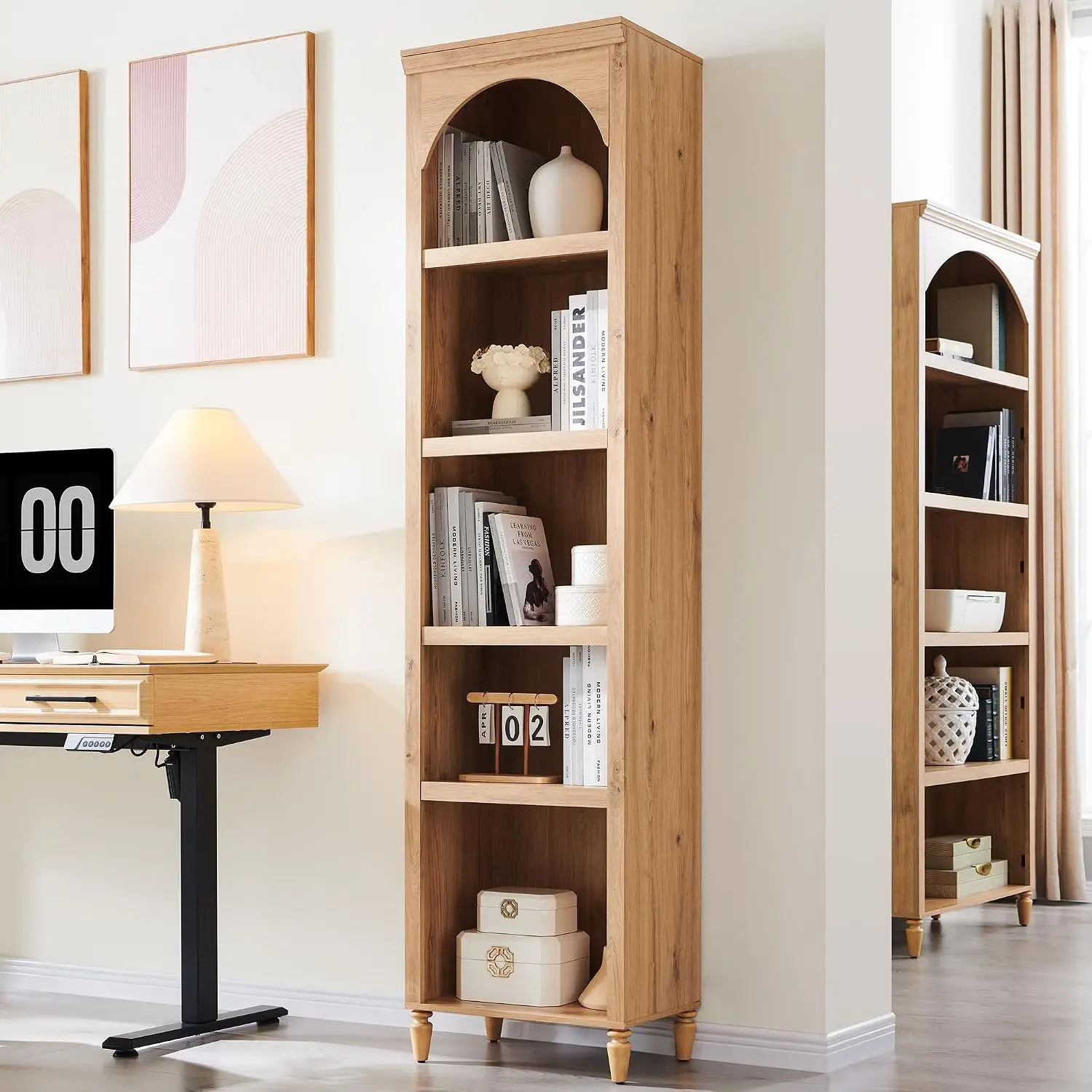 Mobile Kitchen Pantry Storage Cabinet Single Arched Door Rolling Food Closet Cupboard Space Saving Wooden Accent Utility Organizer Tower Unit Farmhouse Display Rack Natural Finished