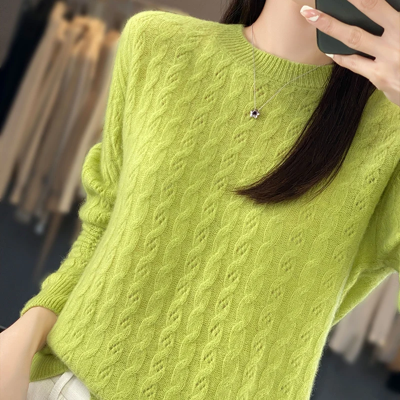 Women\'s Sweater Autumn/Winter 100% Pure Wool Hoodie Casual Knitted Blouse Round Neck Loose Tops Fashion Hollow Bottom Sweater