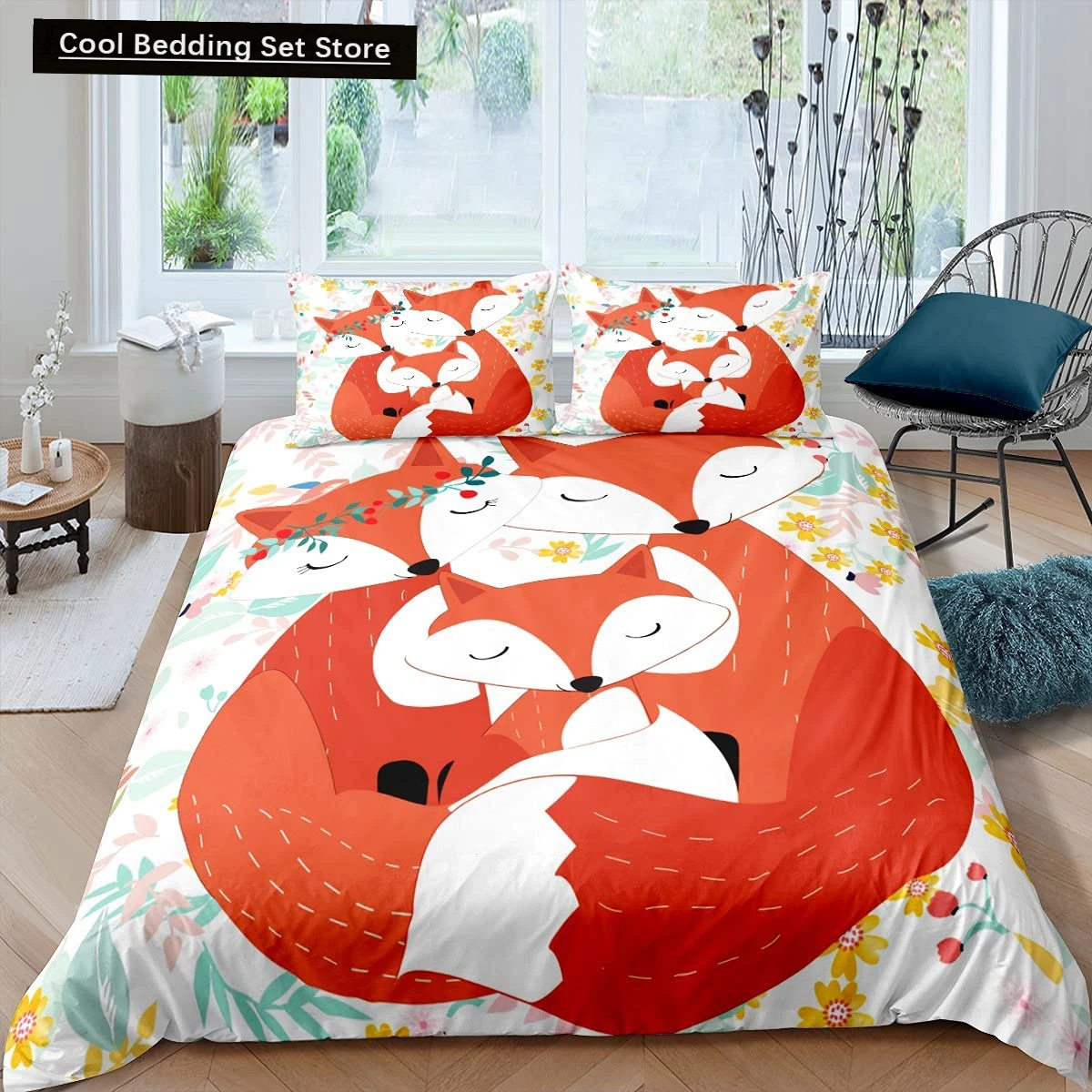 Fox King Queen Duvet Cover Kawaii Cartoon Fox Family Bedding Set for Kids Cute Orange Wild Animal 2/3pcs Polyester Quilt Cover