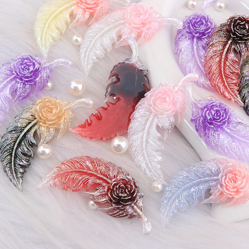 10Pcs Luminous Flower Feathers Flat Back Resin Ornaments Craft Supplies Decorate DIY Phone Hair Decoration Jewelry Accessories