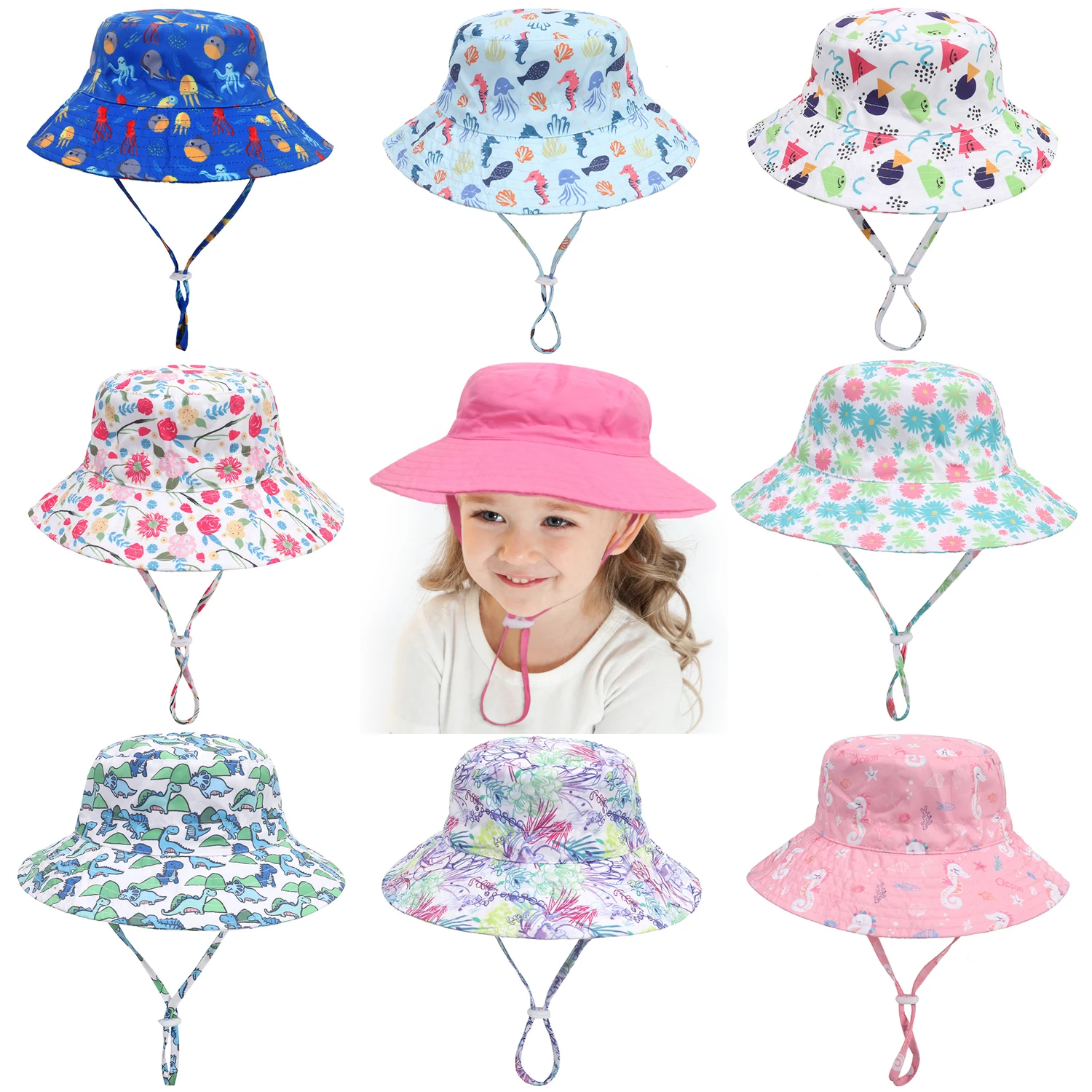 ฤดูร้อนเด็กหมวกบังแดดเด็กหญิงเด็กชายพับได้กว้าง Brim ผ้าพันคอแฟชั่นหมวกเด็ก Outdoor Anti UV หาดปานามาหมวกชาวประมง0-8years