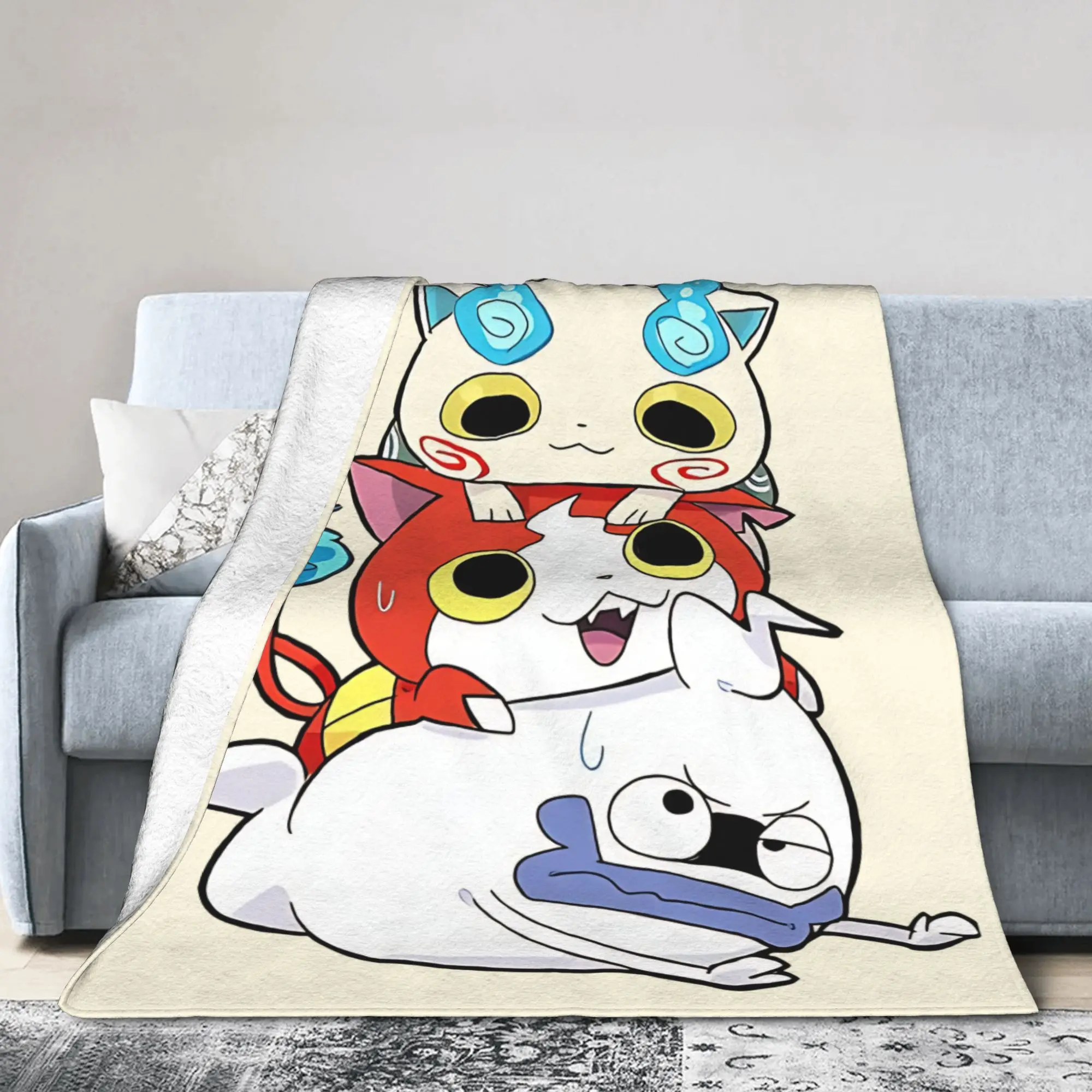 Yokai Watch Game Knitted Blanket Flannel Jibanyan Komasan Whisper Ultra-Soft Throw Blankets for Bedding Couch Bedspread