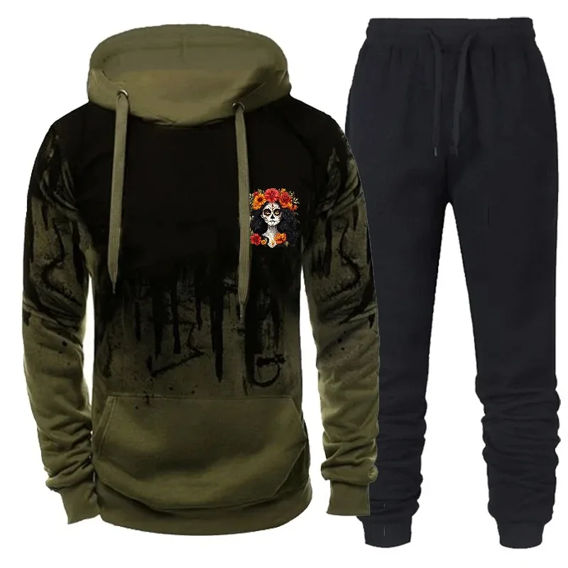 طقم ملابس رياضية كاجوال بقلنسوة للرجال باللون الأسود والرمادي والسكر مطبوع عليه جمجمة السكر لأزياء الخريف والشتاء