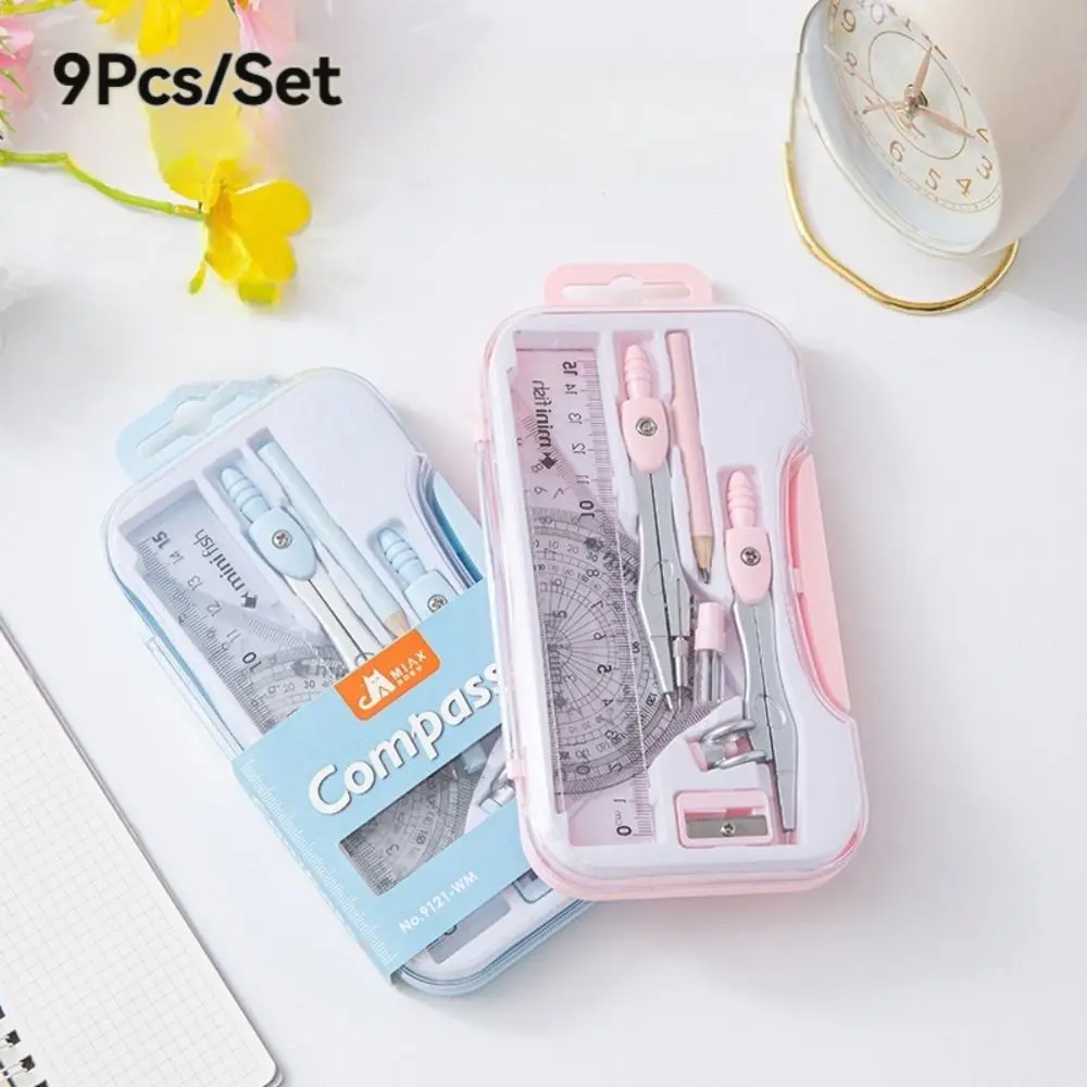 9Pcs/Set Protractor Ruler Compass Set Straight Ruler Sharpener Drawing Stationery Measuring Ruler Creative Pencil Compass Kit