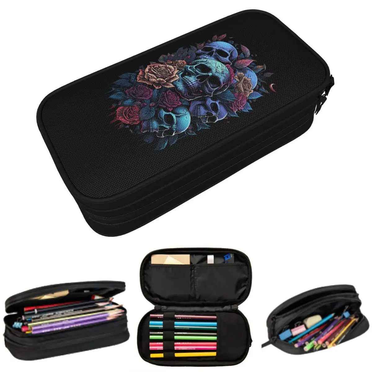 

Darkness Rose Skull And Flower Print Pencil Case for Studen Gifts Pen Box Pencil Bag Stationery Supplies Pen Holder Bag