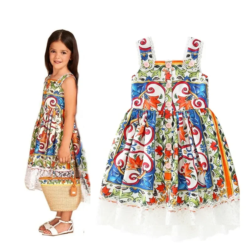 

Summer Children's Camisole Dress with Colorful Ceramic Print Slim Fit Skirt