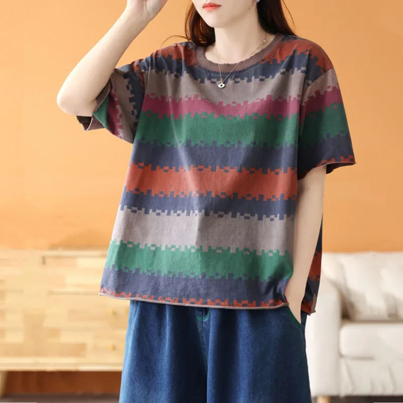 

Vintage Printed Striped O-Neck Loose Color Blouse Women's Clothing 2023 Summer New Oversized Casual Pullovers Short Sleeve Shirt