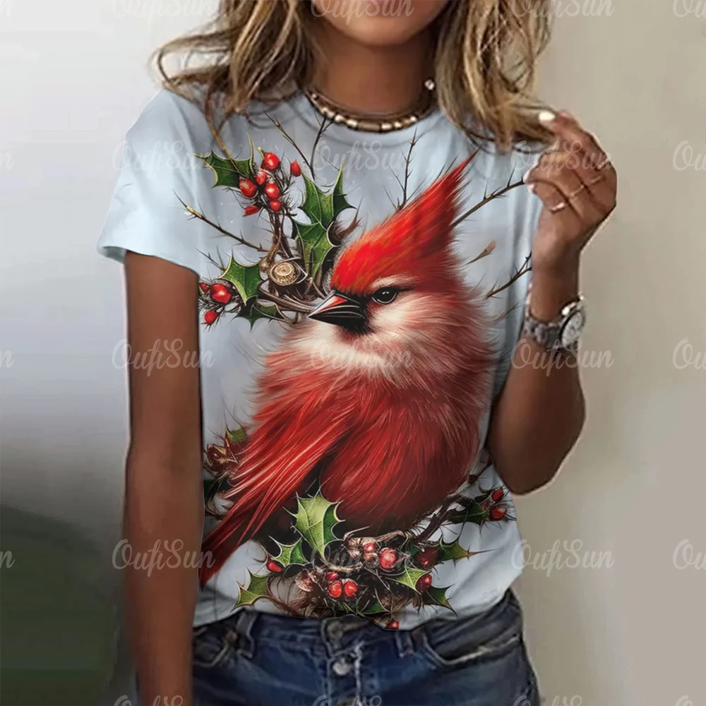 2023 Summer Women's T-Shirts 3d Bird Print Hort Sleeve Casual Weekend Basic Y2k Street T-Shirts Round Neck Loose Top For Girls