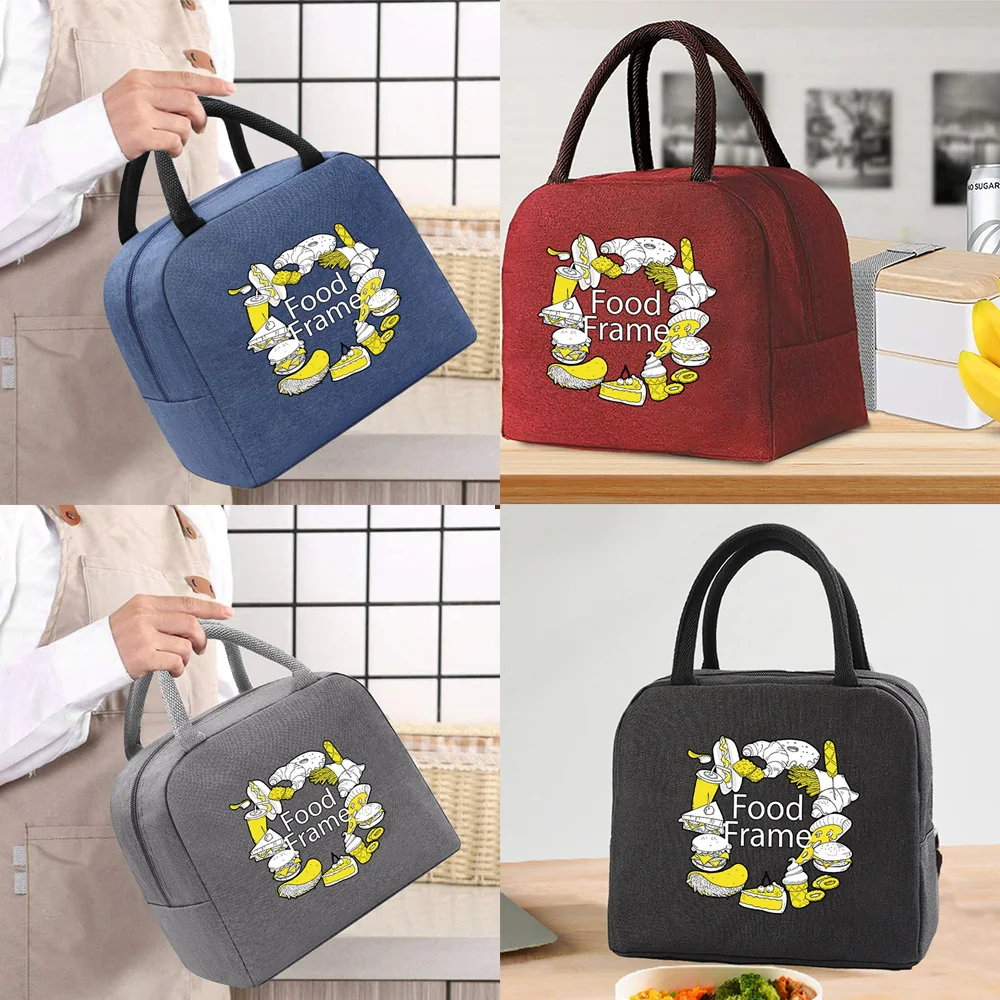 

Canvas Insulated Lunch Bag for Women Large Handbags Picnics Office Nurse Kids Global Food Frame Print Organizer Storage Bags