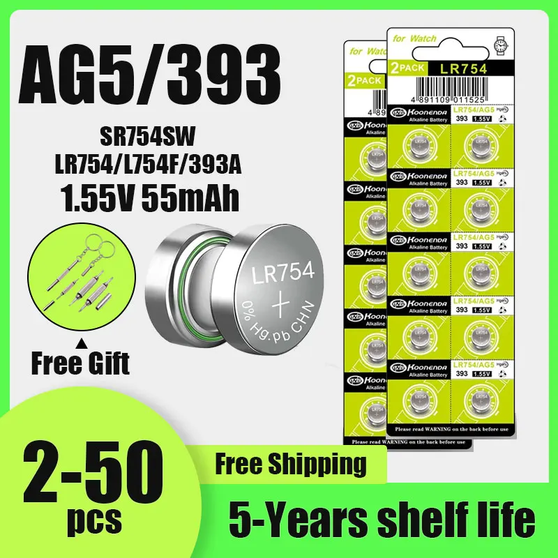 

AG5 LR754 393 SR754SW 1.55V Button Coin Battery 2-50PCS L754 LR48 for Watch Toys Clock LED Light Small Device