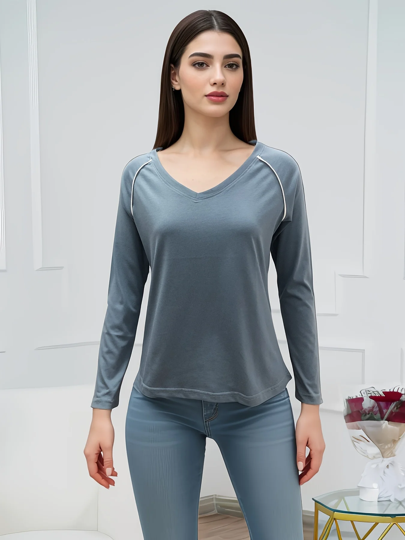 180GSM High Quality Smooth Cotton Fabric 2024 V Neck 100% Cotton T Shirt Women Autumn Long Sleeve Tops T-shirt Female Blouse