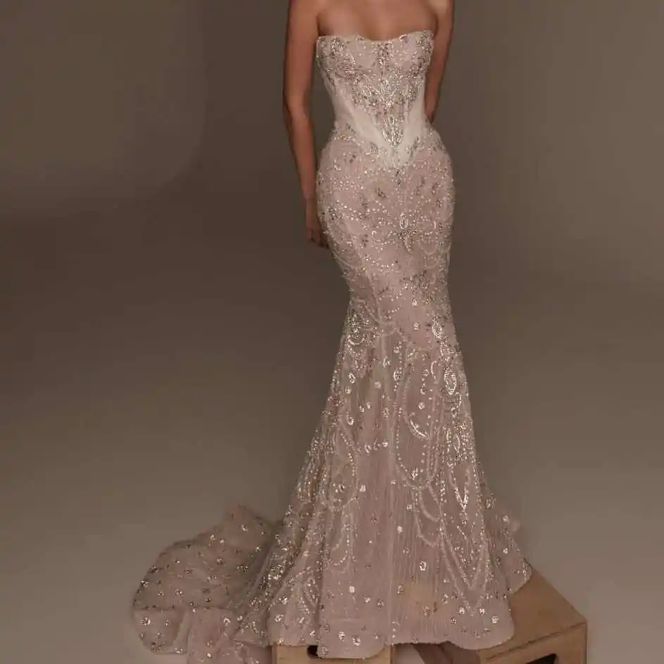 Gorgeous Mermaid Gown Wedding Dress Strapless Crystal Full Appliques Bridal Gowns Floor-Length Vestido De Noiva Customized