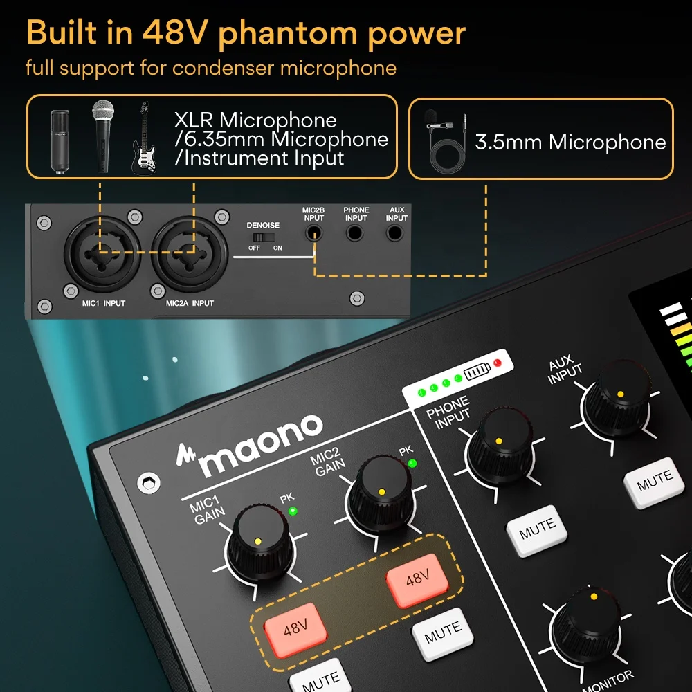 MAONO Scheda audio Registrazione Interfaccia audio Mixer Scheda audio esterna Streamer live con mixer podcast con riduzione del rumore