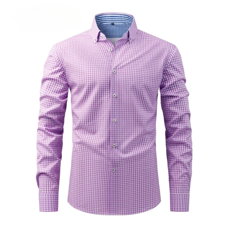 Spring Autumn Men's Lapel Long Sleeve Printed Shirt Business Casual Slim Fit Checkered Shirt