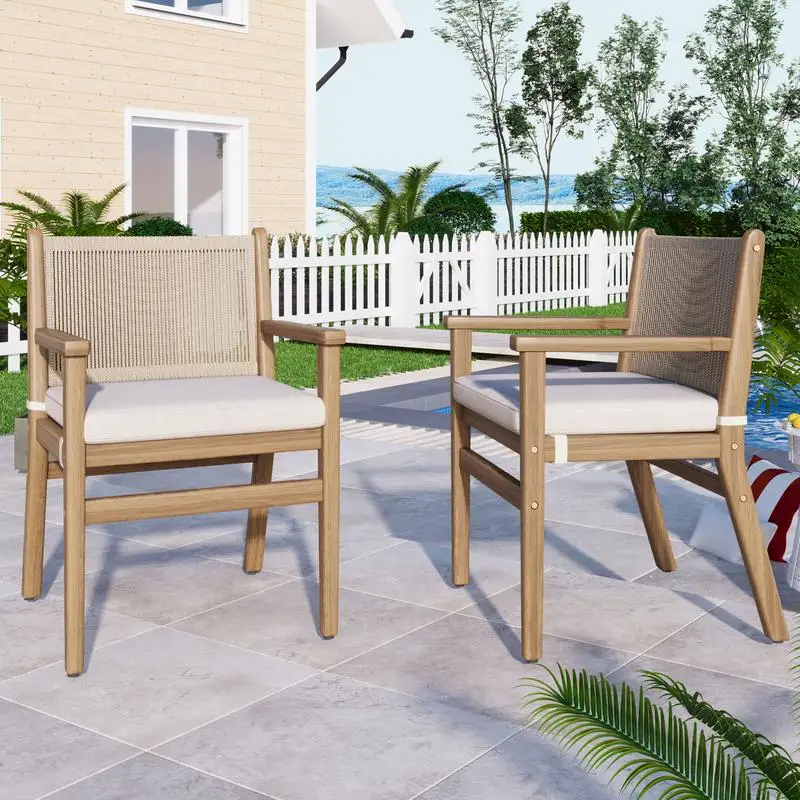 

Outdoor Dining Chair Set of 2, Acacia Wood Patio Armchairs with Rope-Designed Back and Water-Resistant Cushions, Light Brown