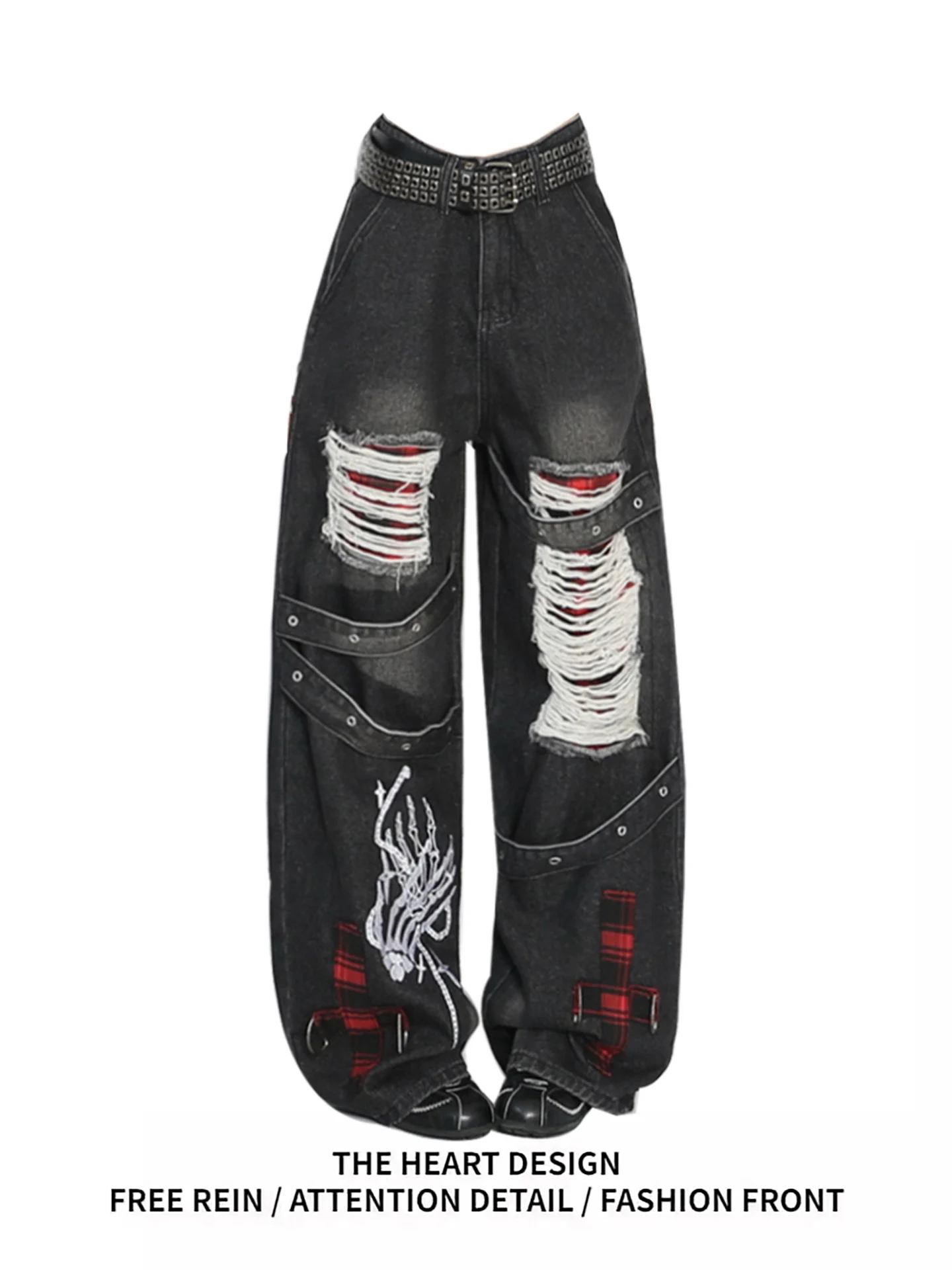 

Свободные джинсы с высокой талией и широкими штанинами, женские летние новые свободные брюки в стиле панк с тяжелыми отверстиями в пол, повседневная одежда