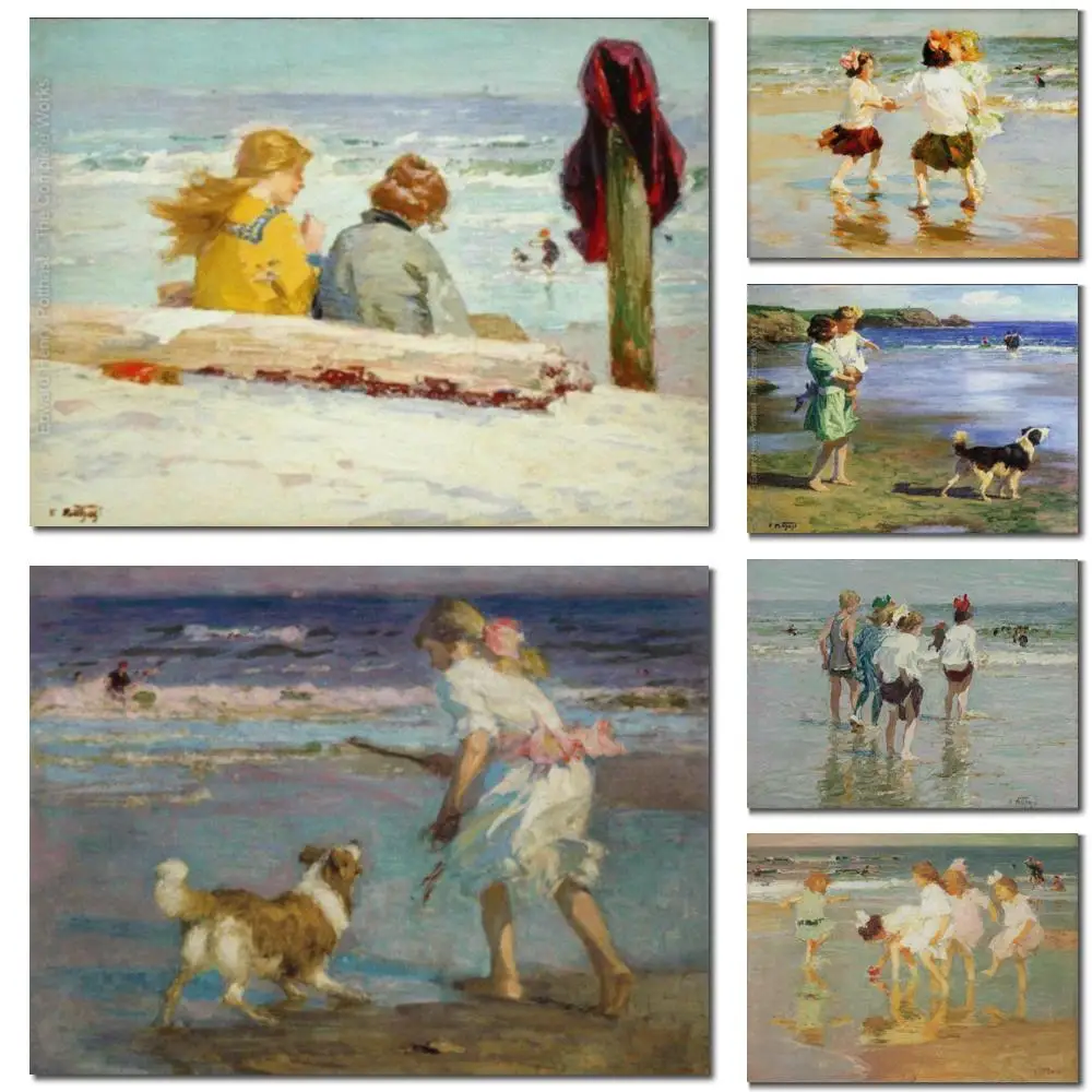 Wunderschönes Strand-Leinwandbild Sommertag Brighton Edward Henry Potthast Gemälde Handgefertigtes Seelandschaftskunstwerk Wohnzimmerdekoration Großformat