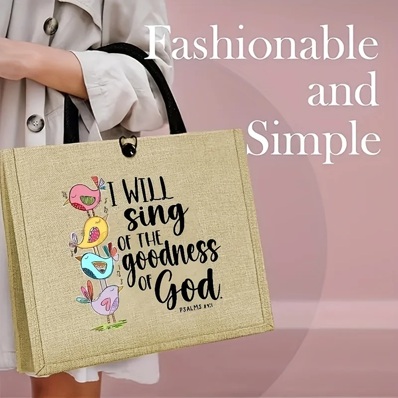 Christian Bible Verse Tote Bag I Will Sing Of The Goodness Of God Bird Print Linen Reusable Shopping Handbag