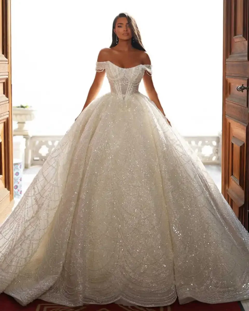 

Flavinke Customized Ball Gown Wedding Dresses Off Shoulder Sleeveless Bridal Gowns Sequins Beading Sweep Train Dresses vestidos
