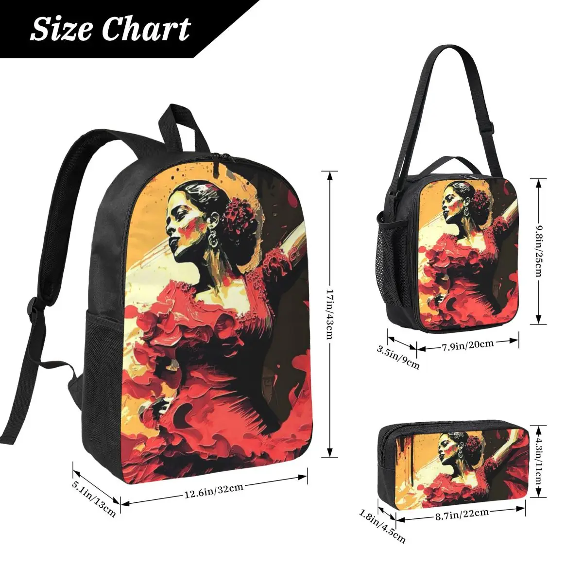 Vibrant Flamenco Dancer Backpack Student BookBag School Bag Laptop Shoulder Bags 3ps Insulated Lunch Bag Pencil Case