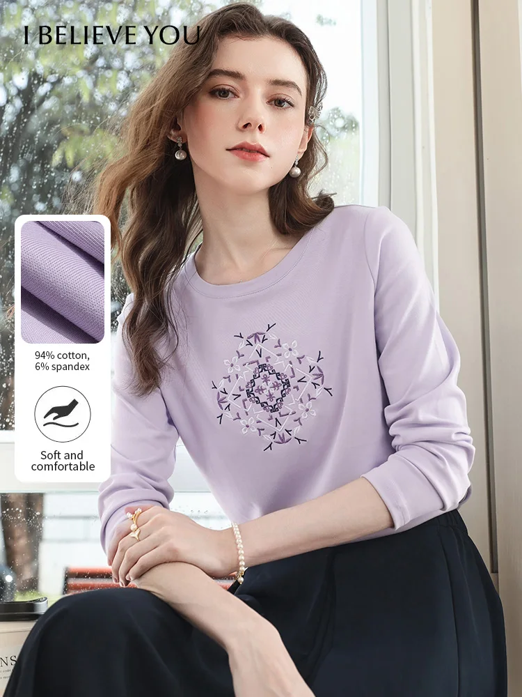 

I BELIEVE YOU Embroidered Long Sleeved T-shirt for Women 2025 Autumn Purple Slim Casual Top Double-sided Cotton Tees 2253016142