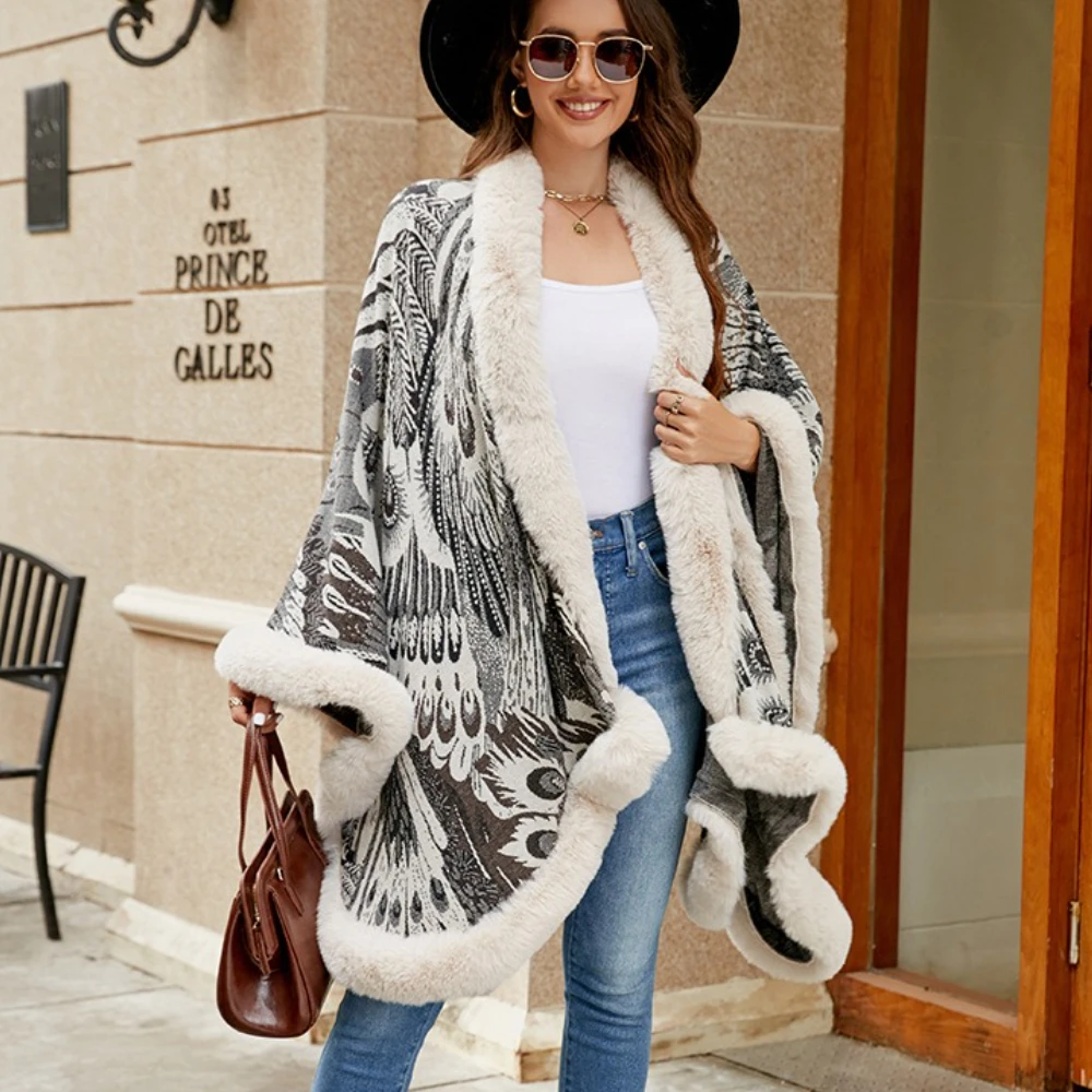 

Накидки, вязаная верхняя одежда, зимняя теплая накидка с длинным рукавом и меховым воротником, кардиган, леопардовая шаль, свитер, женские куртки, пальто, фоногас