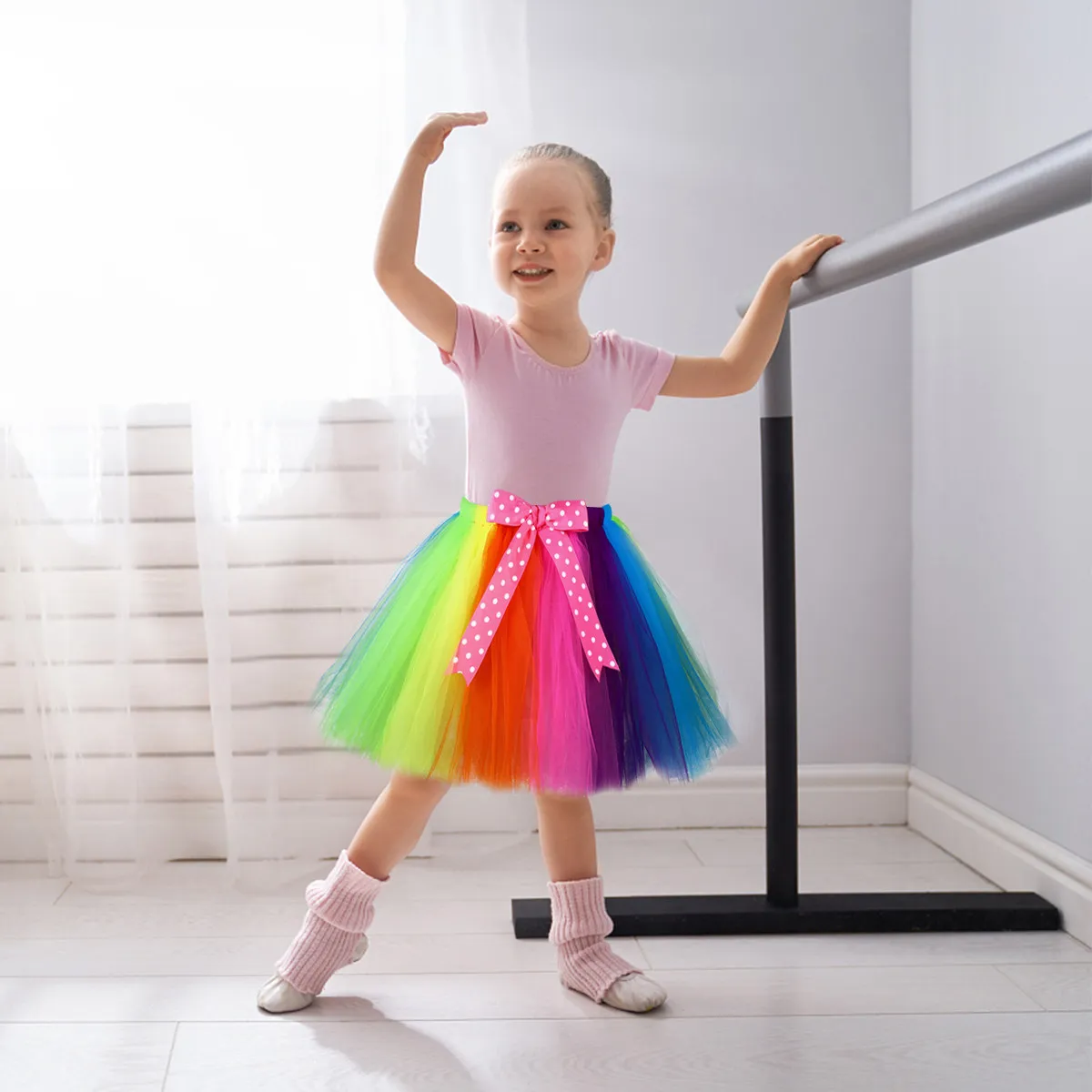 Kids Rainbow Mesh Tutu Skirt Baby Girl Unicorn Dress Size M Elastic Waist Bowknot Ribbon Carnival Ballet Dance Birthday Party