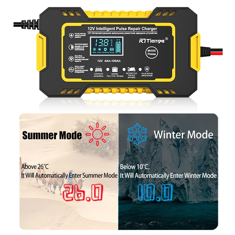 Car Battery Charger 12V 6A Touch Screen Pulse Repair LCD Fast Power Charging Wet Dry Lead Acid Digital LCD Display