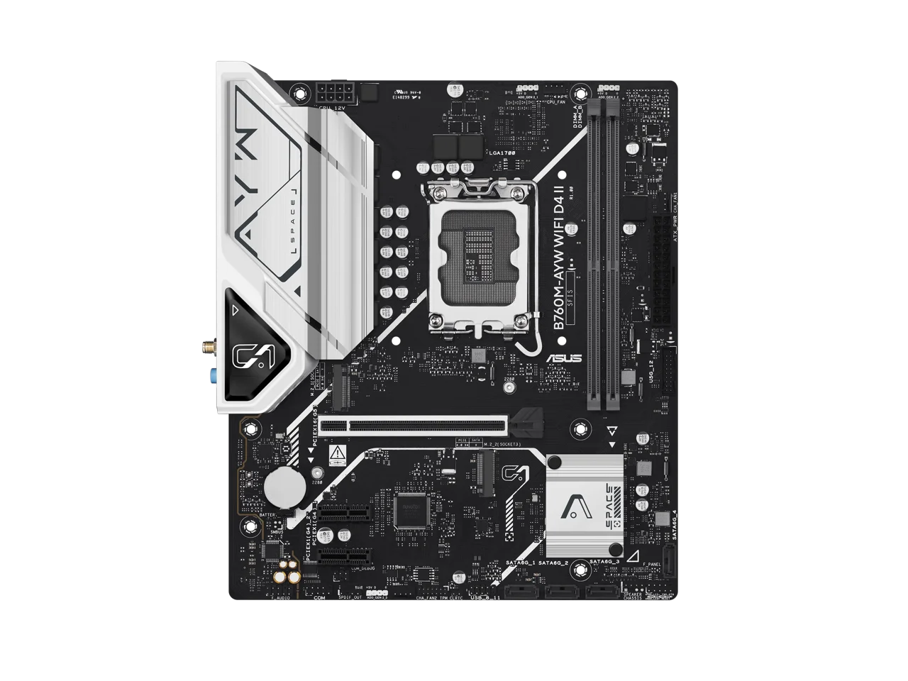 ASUS B760M-AYW WIFI D4 II Intel B760 (LGA 1700) microATX mATX motherboard, PCIe 5.0 x16 Support, two M.2 slots, DDR4, Realtek 2.5Gb Ethernet, Wi-Fi 6, HDMI, SATA 6 Gbps, front USB 5Gbps, Aura Sync