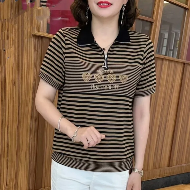 

Fashionable Diamonds 2024 Summer New Stand Neck Zipper Striped Printed Casual All-match Hooded Short Sleeve Women's T-shirt Tops