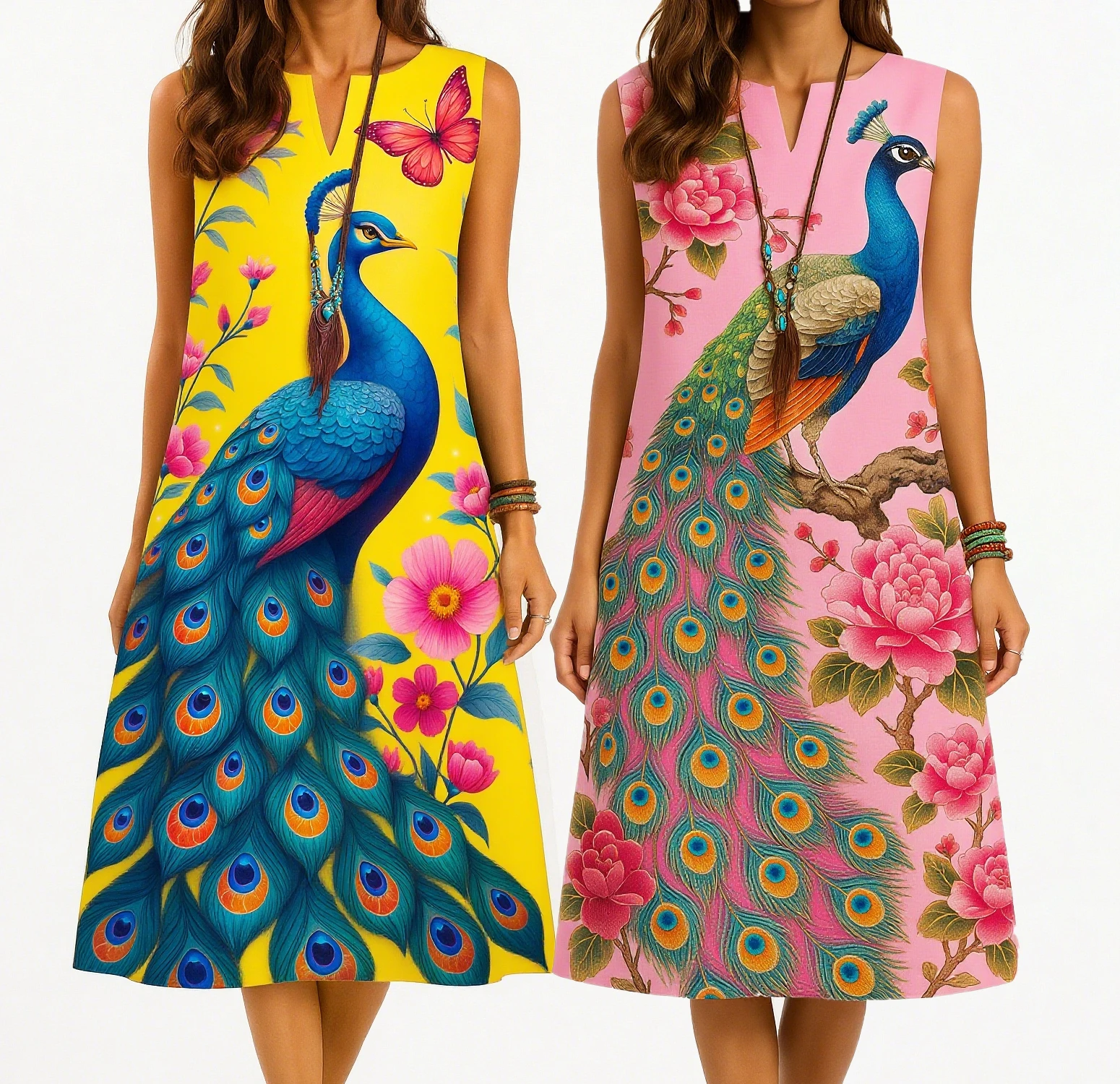 Kurt women's fashionable and elegant long sleeved straight tube casual V-neck peacock pattern noble dress2026