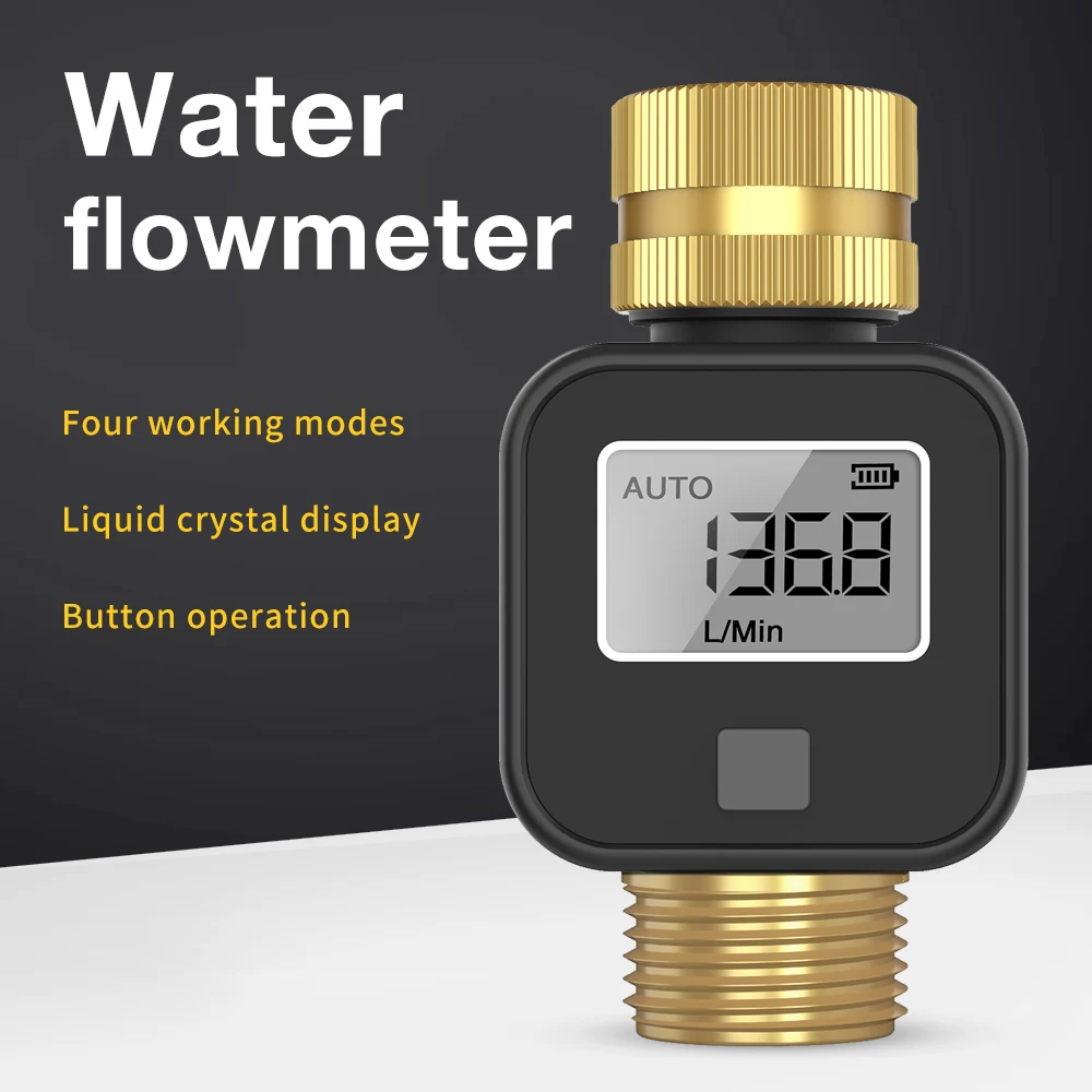 Digital Water Flow Meter Water Consumption Test for Outdoor Garden Watering Irrigation Hose Brass Inlet Outlet IPX5 Waterproof