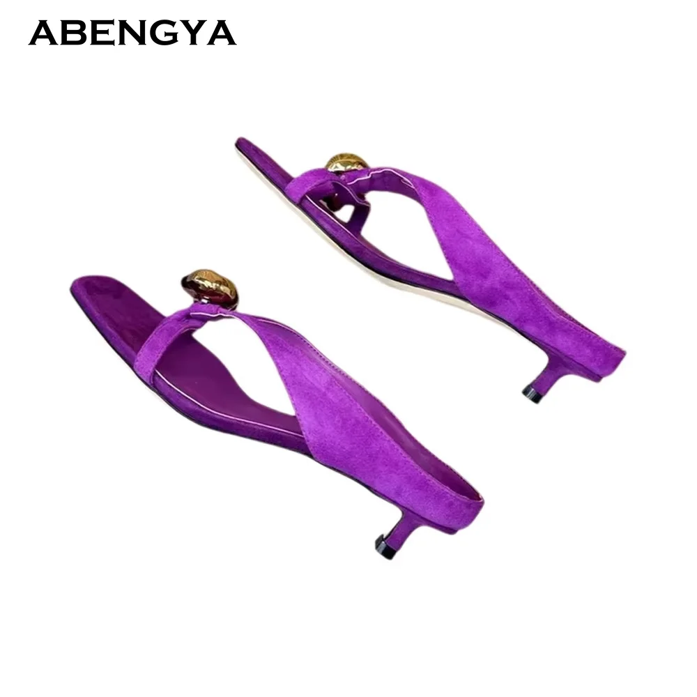 2026 Summer New Suede Slippers Women Square Toe Mules High Heel Dress Beach Shoes Designer Fashion Party Banquet Shoes For Women