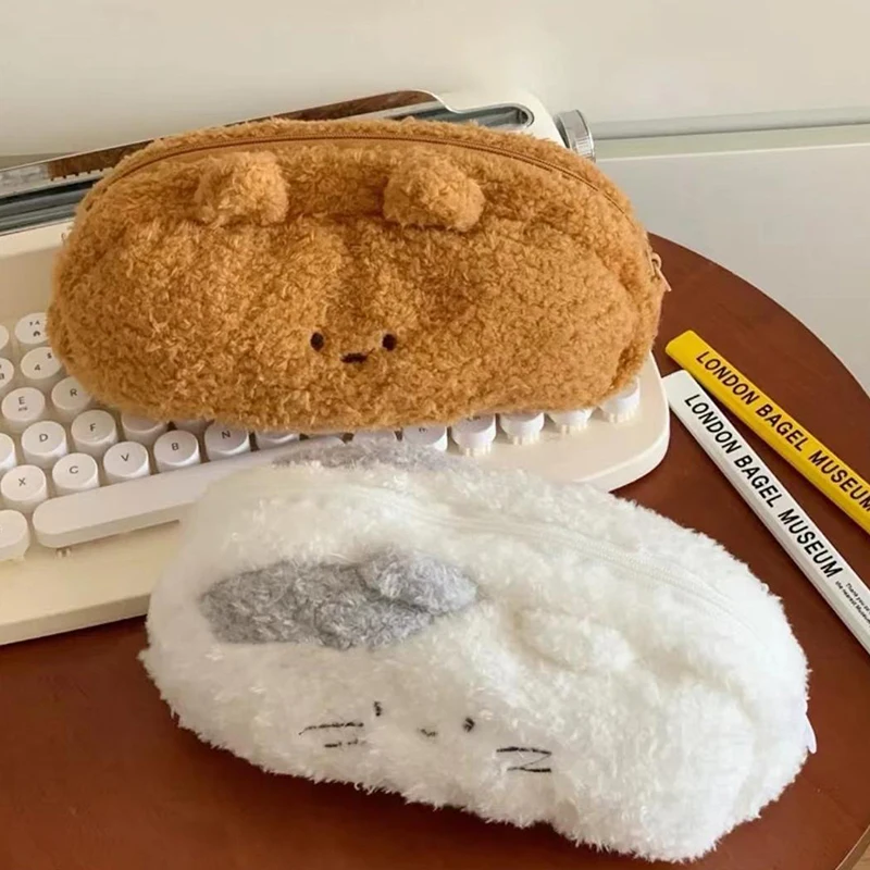 Kawaii boneka kucing susu kantong tempat pensil lucu ritsleting berbulu kapasitas besar tas pensil perlengkapan tas penyimpanan alat tulis sekolah