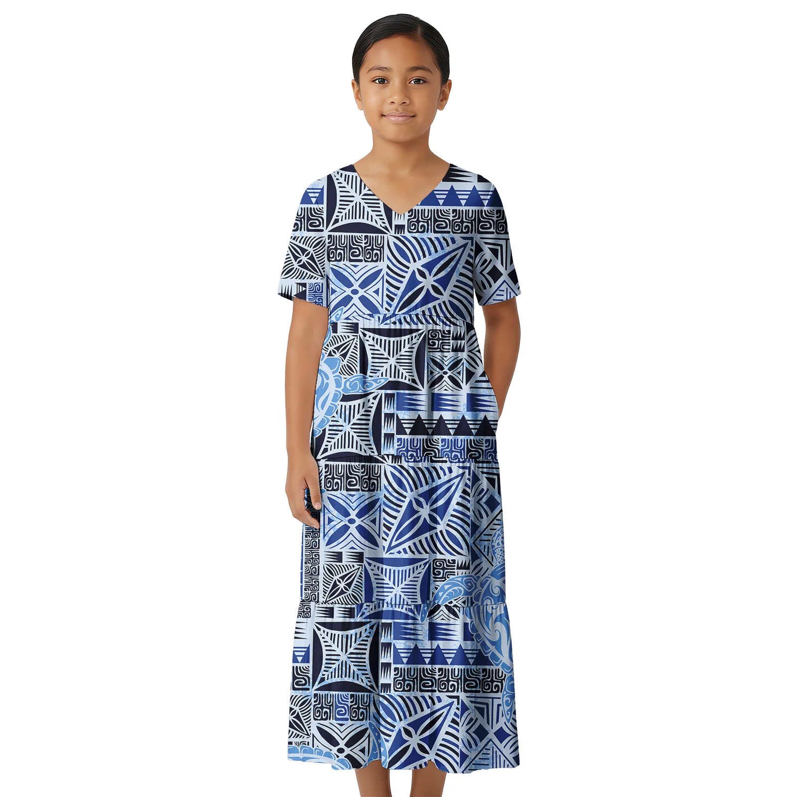 Lovely Children's Clothing Custom Logo in Bulk Samoan Kid Princess Skirts Hawaiian Layer Cake Dress for Girls Polynesian Dresses