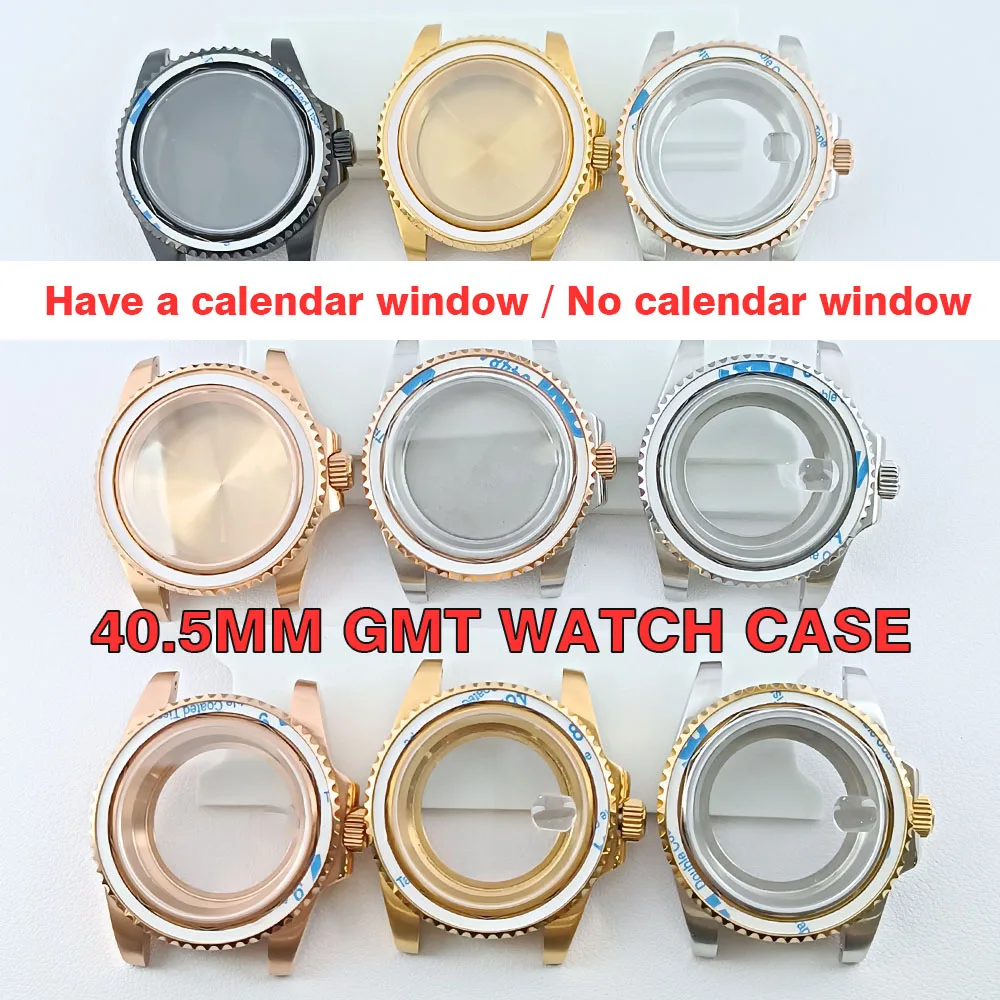 

GMT watch Case 40.5mm Watch Silvery / Black Steel Men's Case FIT NH34 NH35 NH36 Movement Case nh35 For Sapphire Glass Watch Box