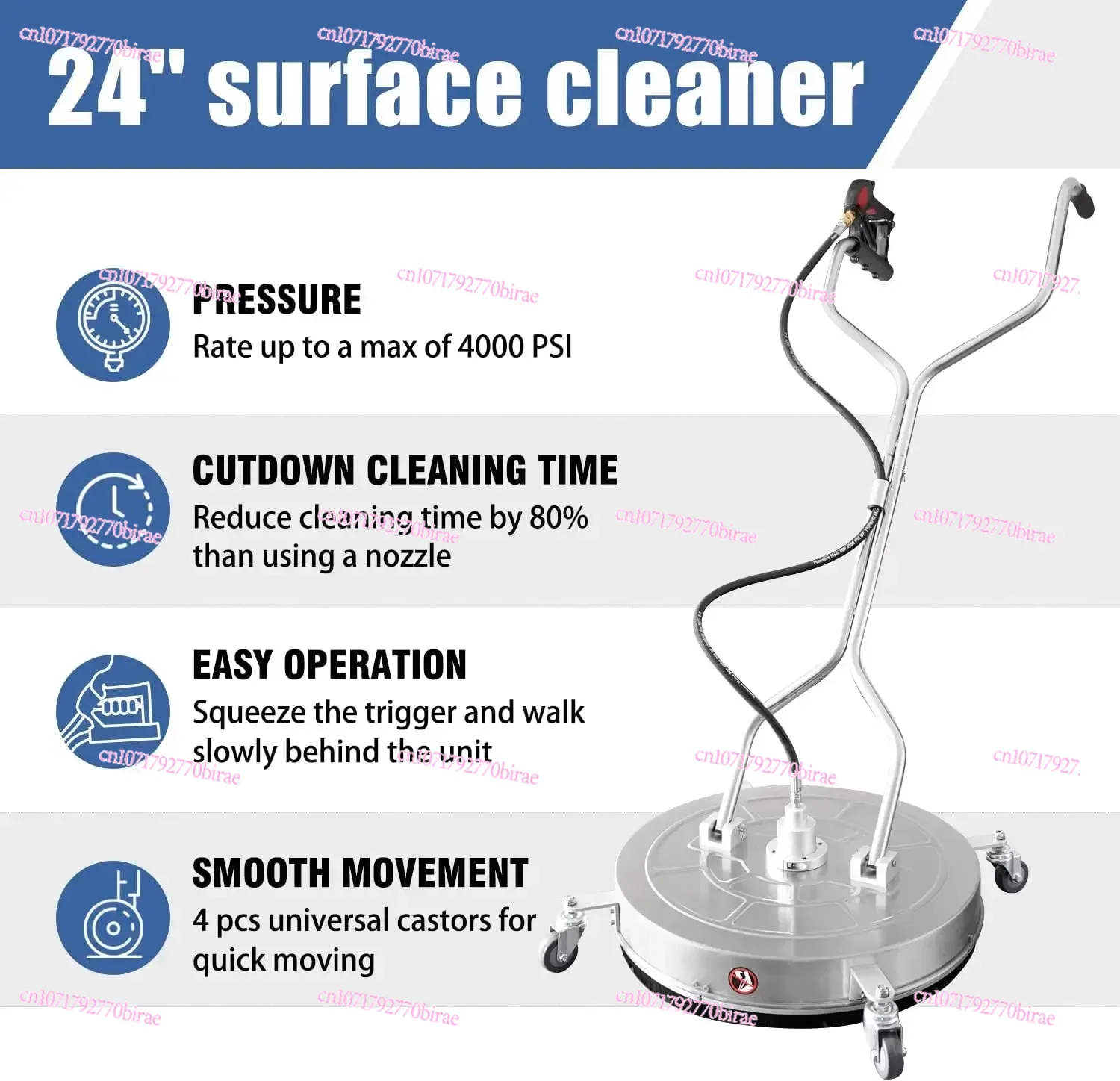 

Hot Sales24'' Pressure Washer Surface Cleaner with 4 Wheels,Dual Handle,Stainless Steel Housing,