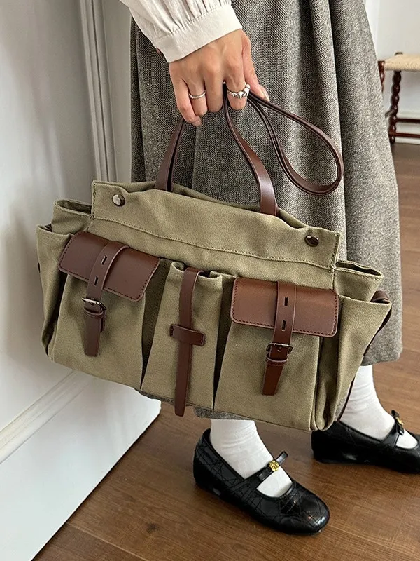 Retro Canvas Tote Bag Women's Commuter Bag Large Capacity Multi-Pocket Military Green Canvas Shoulder Bag for Daily Use SAC