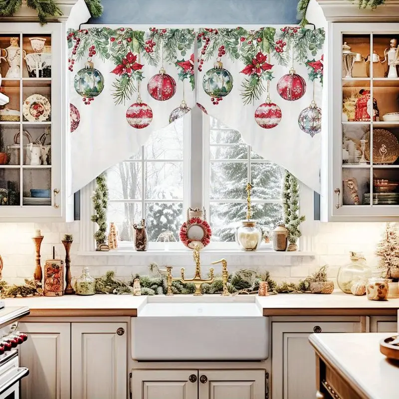 VIKAMA Christmas Swag Valance Watercolor Poinsettia Bauble Pine Print Triangle Window Curtain For Kitchen Living Room Bedroom