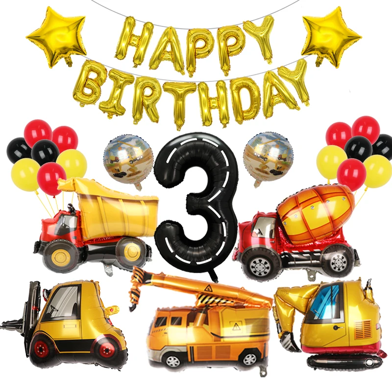 27pcs engineering Theme foil Balloon With 40Inch Number Set Digger Engineering Vehicle Construction Birthday Balloon Party Decor