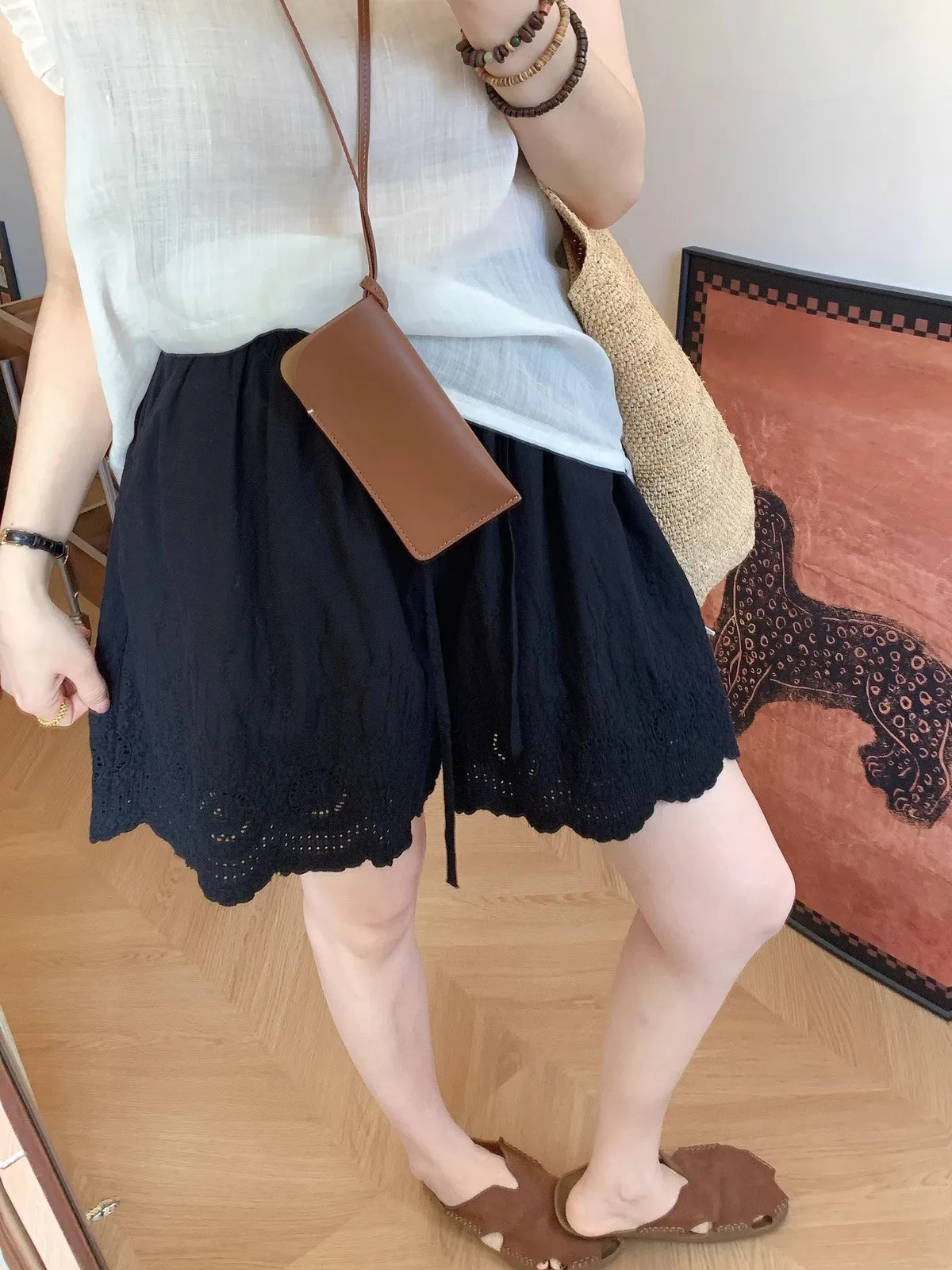 Ele Embroidered Lace Trim Wide Leg ort Pants Casual High Waist Thin Loose Fit Summer Tee-quarter Length A-line Hot Pants