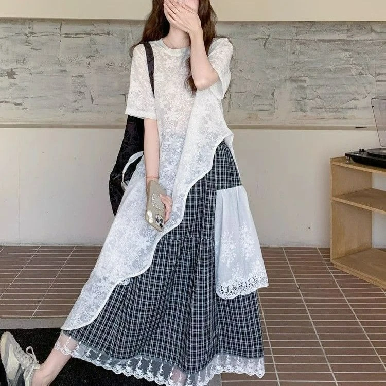 

High-end Wear Suit Skirt Summer 2026 New Design Lace Shirt Black and White Plaid Skirt Two-piece Set